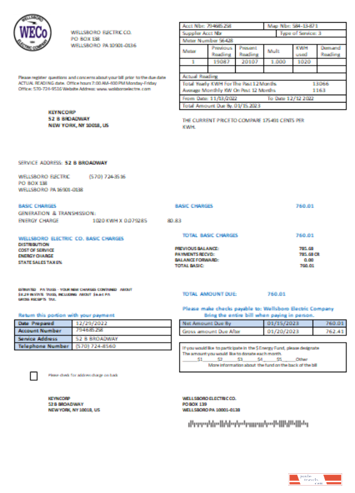 Wellsboro Electric Co utility business bill, SCR PSD template